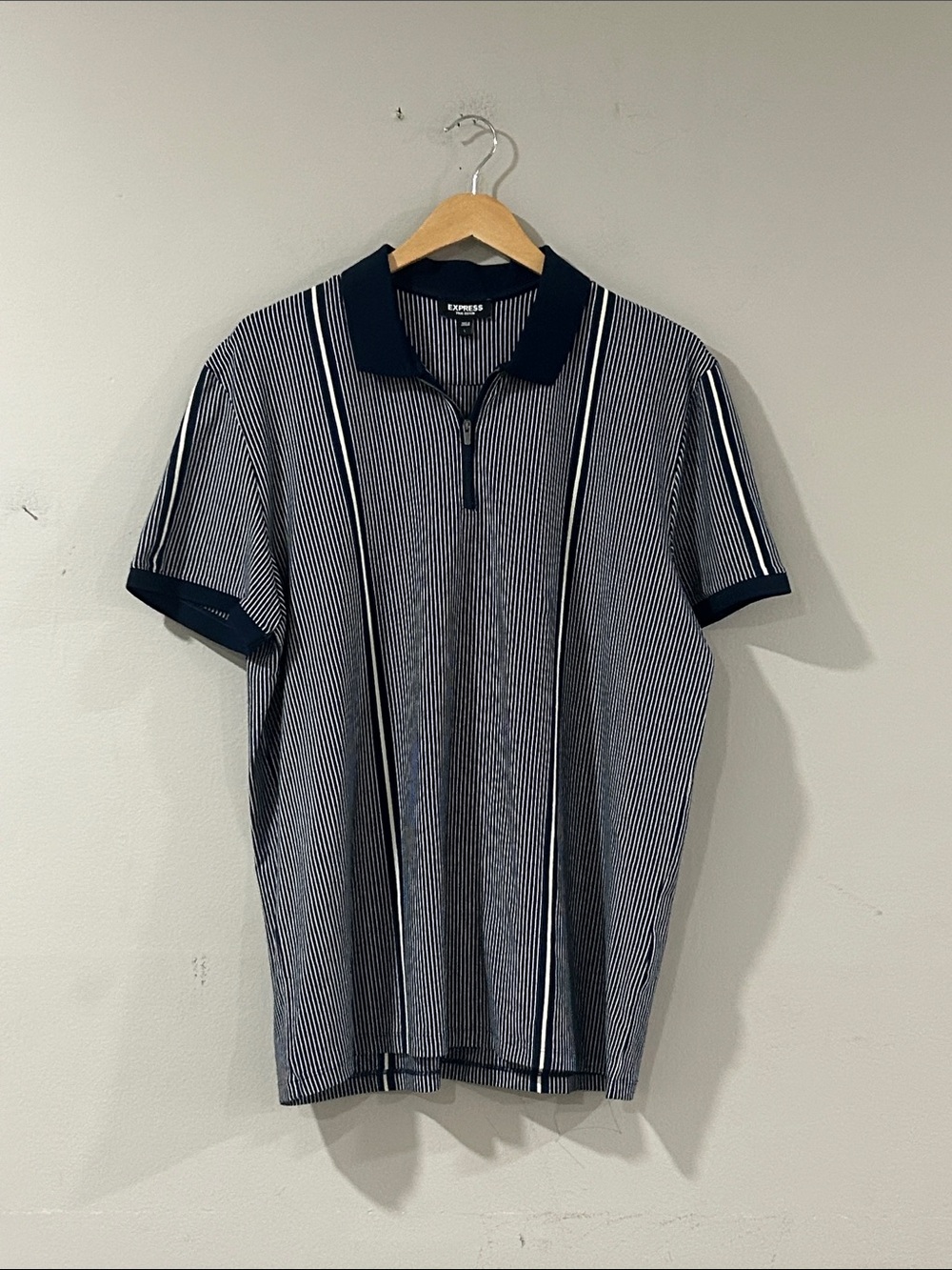 Express Navy and White Vertical Stripe Zip Polo